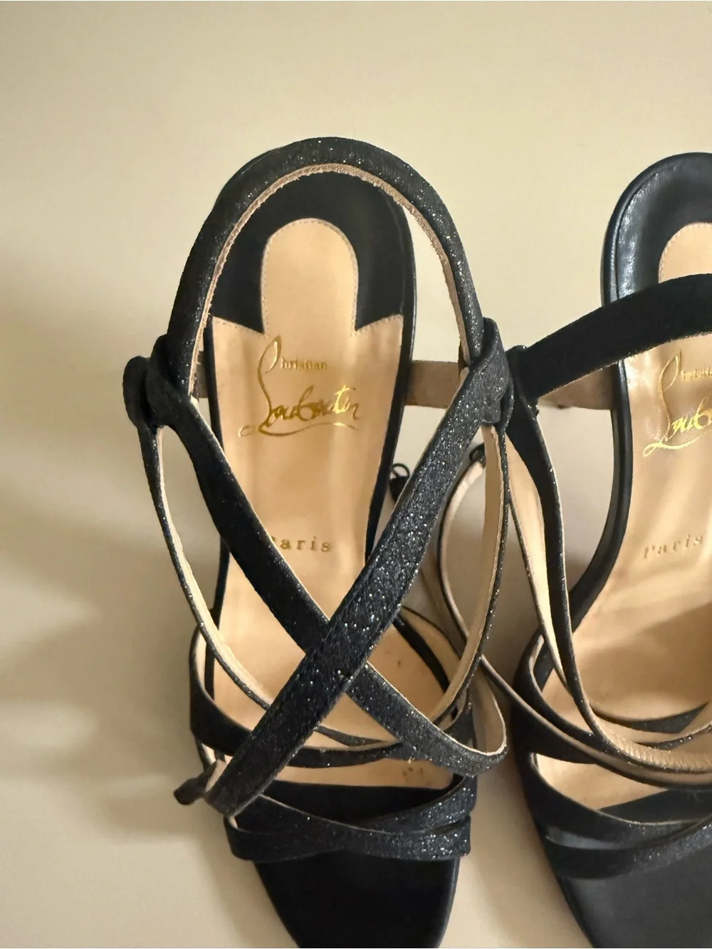 Authentic Christian Louboutin Glitter Audrey Sandals 38 1/2 Black